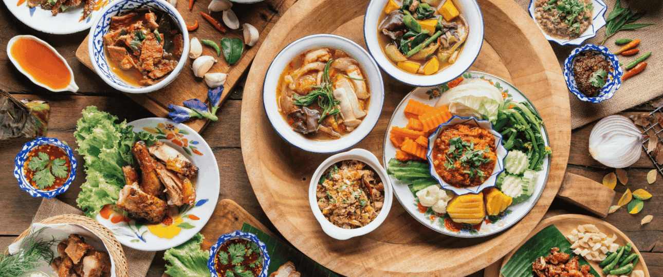 Tradition Northern Thai food. on a wooden table, top view asia luxury travel